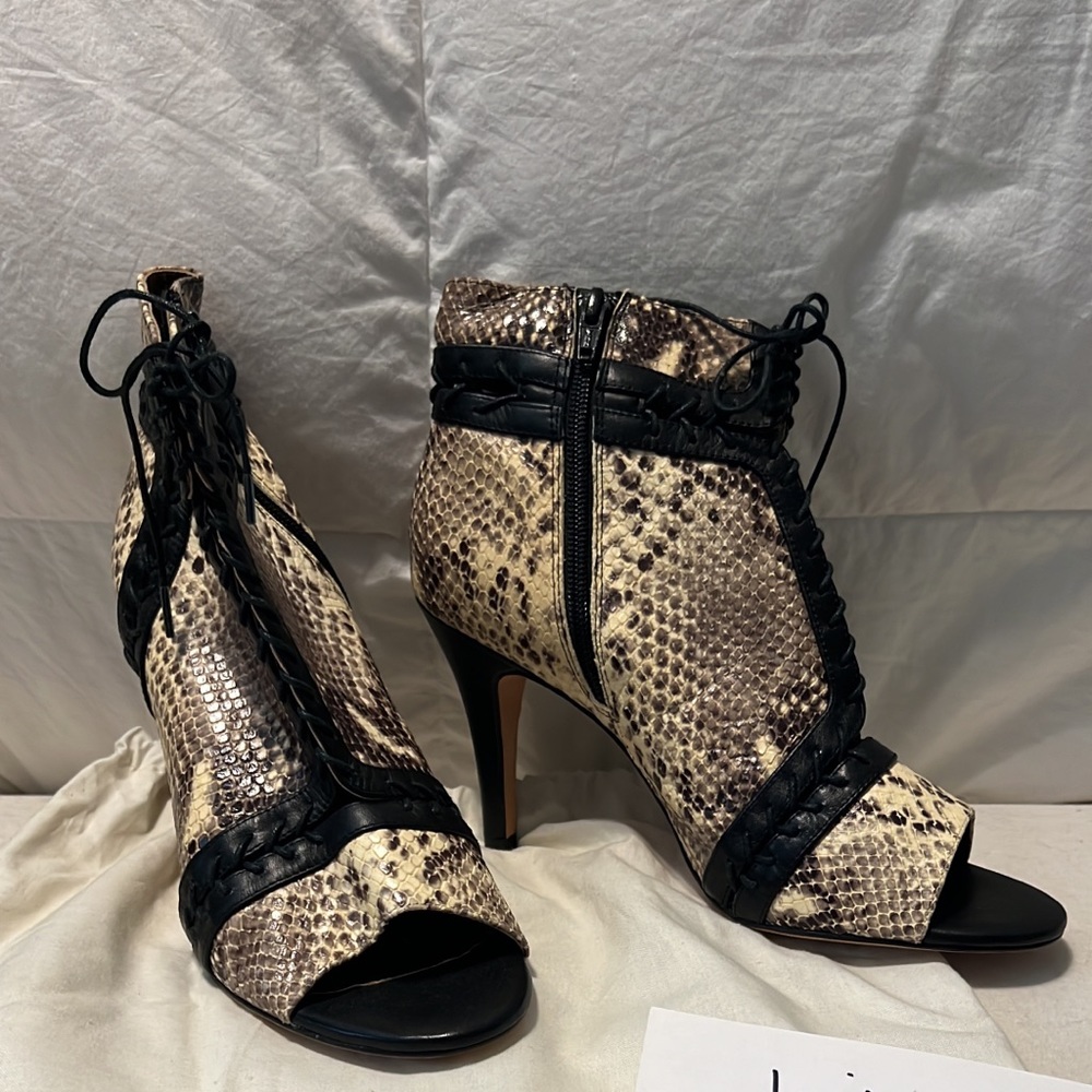 Cynthia Vincent snakeskin peep toe lace up bootie